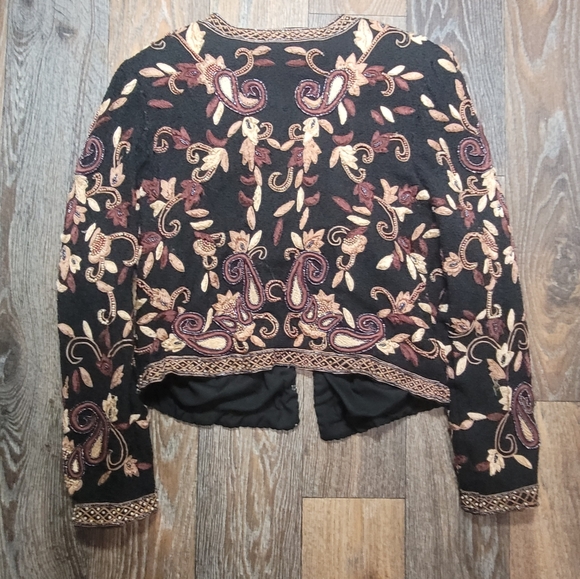 Vintage Laurence Kazar Silk Beaded Jacket Womens Large Black Brown Floral - Picture 4 of 4